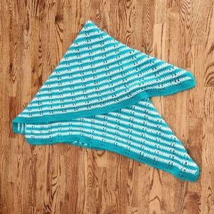 Hand Crocheted Lap Quilt in Teal and White Stripe Approx 45x45 Cozy Warm Gift